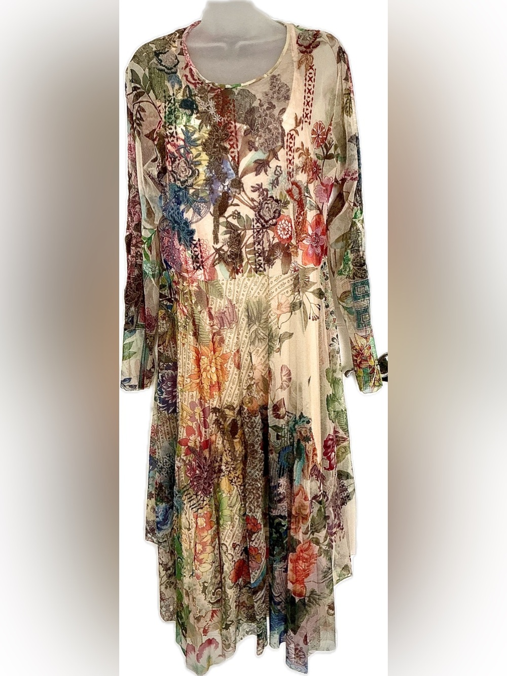 Johnny Was STUNNING Floral Multicolor Long Sleeve MIDI Dress - Cream Base